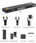Absolute Game Changer 16 Port HDMI KVM Switch with cables, remote, mounting ears and manual for seamless connectivity.