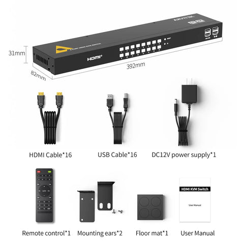 Absolute Game Changer 16 Port HDMI KVM Switch with cables, remote, mounting ears and manual for seamless connectivity.
