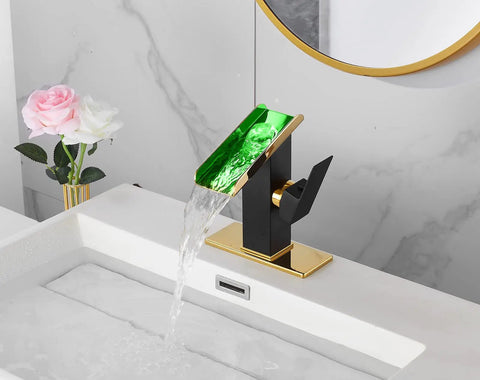 Super Dope Black And Gold Brass Single Handle Rgb Led Waterfall Bathroom Faucet With Color Changing Lights Using Hydropower No Battery Temperature Sensing For Your Cool Modern Vanity Sink Lavatory Tap