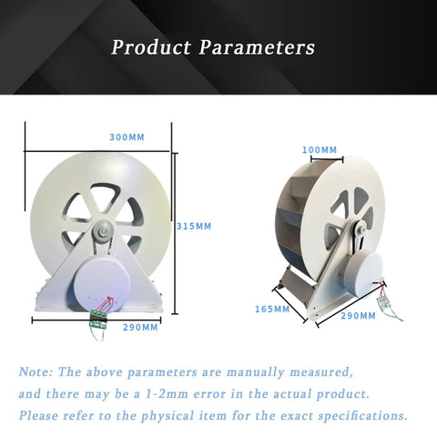 100W Waterwheel Hydroelectric Generator For Off-Grid Power, showing front and side views with dimensions labeled in millimeters.