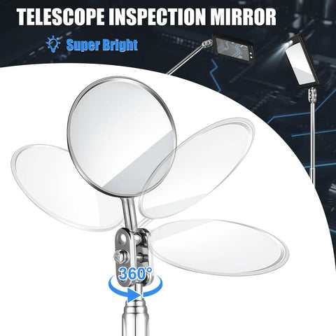 Telescoping Inspection Mirror Set With LED Light For Cars And Small Parts, flexible reach, shown with 360-degree rotation feature