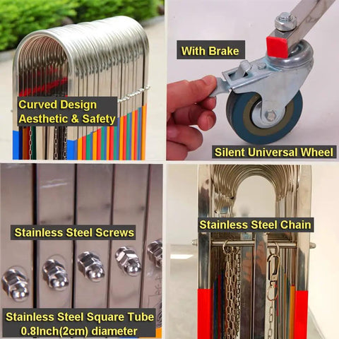 Built Different Stainless Steel Retractable Crowd Control Fence With Fast Roll Wheels, showcasing brake, universal wheel, chain, and screws.