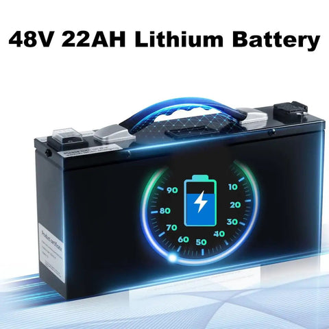 48V 22AH Lithium Battery with battery gauge, designed for heavy duty electric stair climbing dolly cart use.