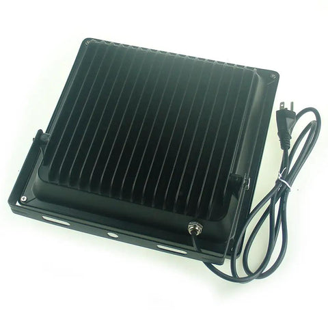 Back view of Lit 50W UV LED Flood Light Blacklight For Curing Glue, Aquarium Glow, Fishing, Night Parties, And Art Projects 395nm-400nm 110V US Plug