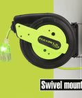 Retractable Extension Cord Reel With 60 Foot 12/3 AWG SJTOW Beefy Heavy Duty Cord mounted on wall with lighted plug, Model FZ8120603