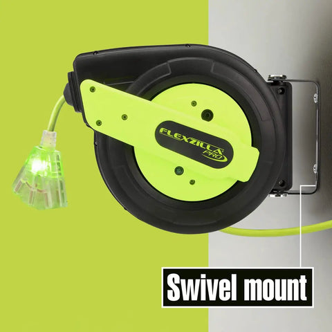 Retractable Extension Cord Reel With 60 Foot 12/3 AWG SJTOW Beefy Heavy Duty Cord mounted on wall with lighted plug, Model FZ8120603