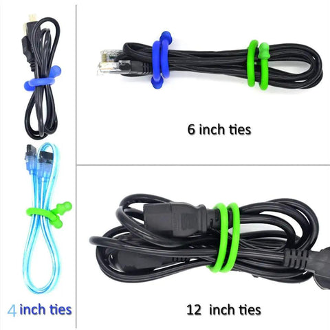 Silicone Cable Tie Set For Easy Cord Organization Including 4 Inch, 6 Inch, And 12 Inch Ties In Black Blue And Green Reusable Bundling Straps
