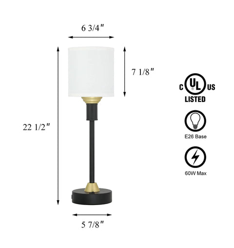 Diagram of Mid Century Modern Table Lamp With USB Port And Fabric Shade In Black And Gold showing dimensions and UL listing.