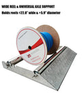 Heavy Duty Cable Drum Roller For Heavy Wire Reels Stainless Steel Cable Roller Stand Reel Dispenser Holds Reels Up To 23 Inches Wide Built To Last Tough As Nails Rugged Cable Caddy For Shop Garage And Outdoor Use displaying a blue wire reel