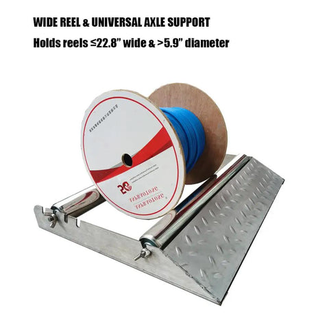 Heavy Duty Cable Drum Roller For Heavy Wire Reels Stainless Steel Cable Roller Stand Reel Dispenser Holds Reels Up To 23 Inches Wide Built To Last Tough As Nails Rugged Cable Caddy For Shop Garage And Outdoor Use displaying a blue wire reel