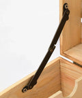 2 Pack Wooden Box Positioning Tripod Folding Support Hinges for Jewelry Case and Craft Boxes in use on wooden box corner