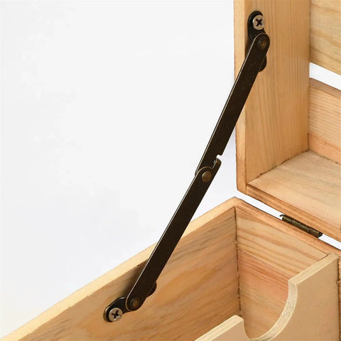 2 Pack Wooden Box Positioning Tripod Folding Support Hinges for Jewelry Case and Craft Boxes in use on wooden box corner