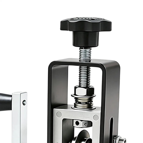 Close-up of the Ultimate Copper Wire Stripper Machine's precision hand crank and adjustable screw mechanism.