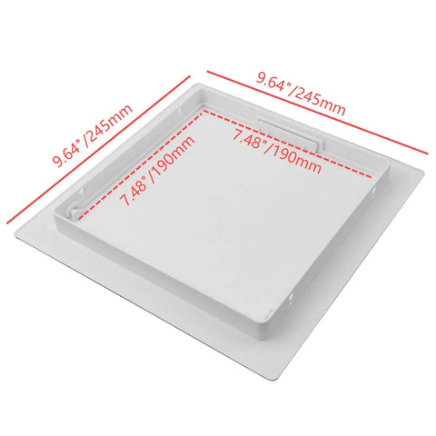 Rock Solid Abs Plastic Square Access Panel Door For Plumbing Walls, Heavy Duty Hinged Maintenance Cover, No Sweat Install Indoor Outdoor Utility Hole Lid Replacement Part, showing dimensions 9.64x9.64 inch.