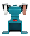 Front view of Cordless Electric Bench Grinder 18V Powered Dual Wheel Polishing And Grinding Machine with guard and sturdy mounting.