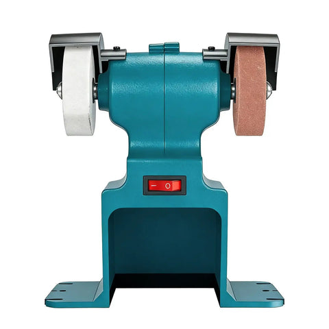 Front view of Cordless Electric Bench Grinder 18V Powered Dual Wheel Polishing And Grinding Machine with guard and sturdy mounting.