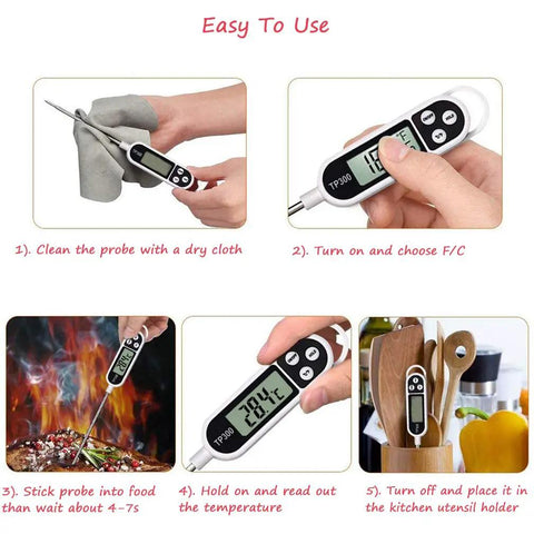 Digital Meat Thermometer For Cookin And BBQ With Long Probe, Instant Read, Hold Function, Auto Off After 10 Minutes instructions