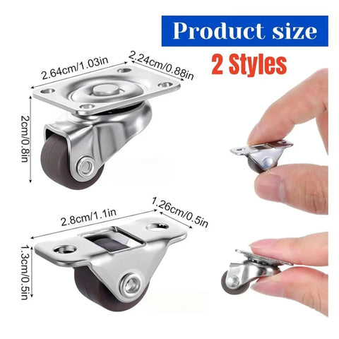 Diagram of tiny 0.5 inch swivel plate casters with low profile frame for tight spaces, shown with size dimensions, 2 styles.