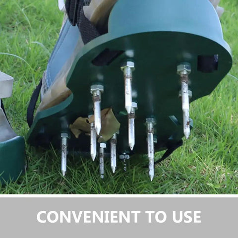 Close-up view of lawn shoe with 3 inch metal spikes for soil aeration, suitable for grass health, featuring 20 pack 3 inch soil aerator replacement spikes for lawn shoes durable aerator tines for lawn aeration healthy grass growth easy install and detach metal lawn spikes.