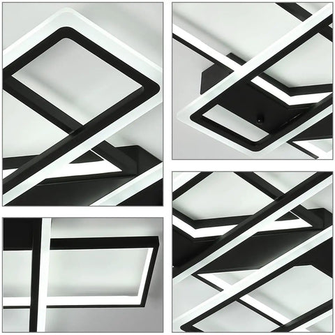 Dope Black 95W Flush Mount LED Ceiling Light With Four Interlocking Squares Modern Windmill Design In Metal And Acrylic 6000K