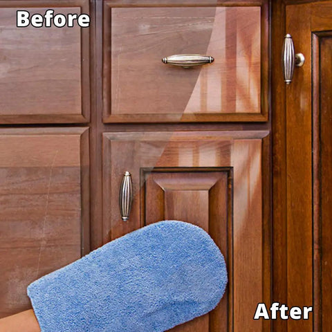 Image showing before and after effects of Restore Shine And Protect Cabinets, Furniture, And Wall Paneling With One Coat Wipe On Restorer.