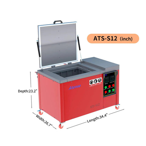 Heavy-Duty 12 Gallon Ultrasonic Cleaner With Digital Heater Timer, Top Shelf Stainless Steel Tank, red with dimensions shown