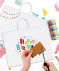 White Kraft Paper Gift Bags Bulk 300 Pack With Handles 16x6x12 Reusable Eco Friendly Recyclable Happy Birthday Print