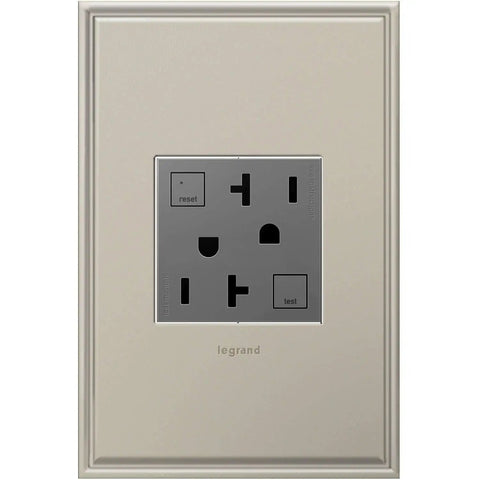 Tamper Resistant GFCI Outlet With Auto Self Test Every Three Seconds, 20 Amp Magnesium Finish, close-up view