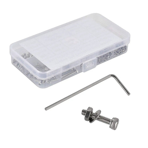 Tiny Hex Socket Head Cap Screws Kit With Nuts And Washers, 304 Stainless Steel, hex wrench, storage case, screws shown assembled