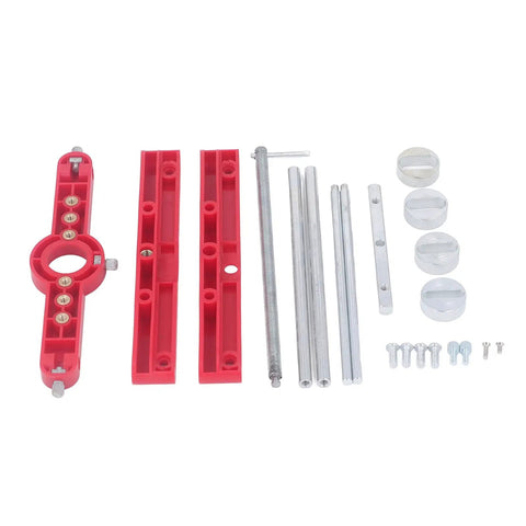 Dead On Precision Self Centering Mortise Tenon Jig With Convenient Punch Locator parts including red plastic guides and metal rods for wood joinery.