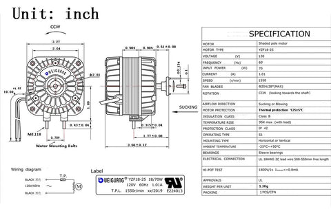 Technical diagram of AC Shaded Pole Fan Motor 120V 60Hz 18W Output for Small Ventilation and Refrigeration Gear, CCW rotation.