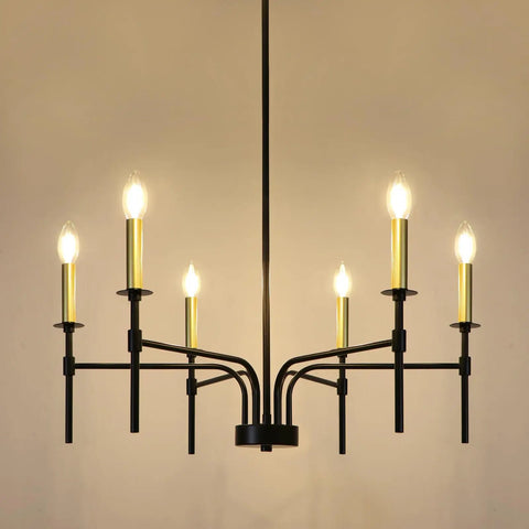 Black Farmhouse Chandelier with six lights, modern industrial metal pendant fixture for dining room and kitchen island, 24 inch rustic lighting.