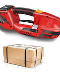 Rock Solid Automatic Electric Strapping Machine For Pp Pet Strap Cordless Handheld Baler With Rechargeable 4000Mah Battery beside a packed box.