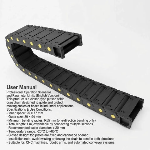 Cable Drag Chain 25x77mm Closed Type R55 for CNC Machines, robotics and automation, shown in a U-bend configuration.