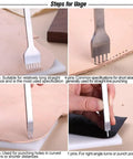 4 Piece Leather Lacing Stitching Punch Set With 1 2 4 6 Prongs And Plastic Aid Pulling Board shown punching leather