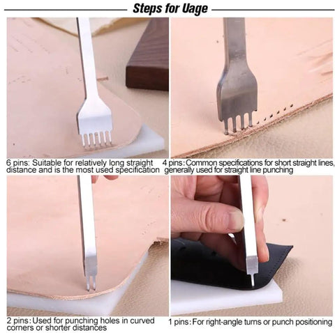 4 Piece Leather Lacing Stitching Punch Set With 1 2 4 6 Prongs And Plastic Aid Pulling Board shown punching leather