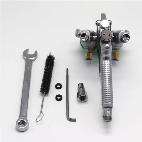 Heavy Duty Double Head Pressure Feed Paint Sprayer Featuring Slick Nano Chrome Nozzles and Killer Smooth Coverage For Badass Industrial Coating; sprayer with tools and accessories.