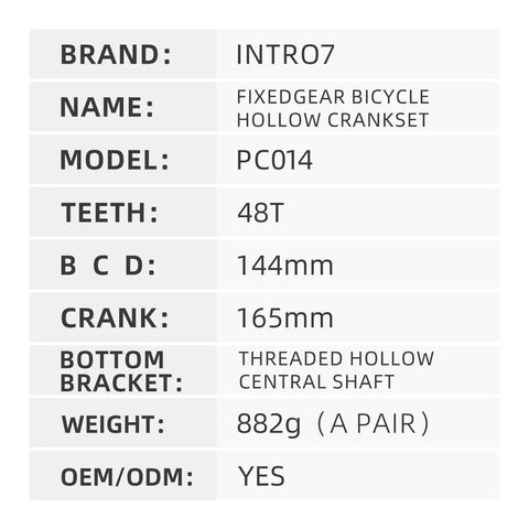 Specifications of Fixed Gear Hollow Crankset 48T 165mm 144 BCD Single Speed Chainring for Track Cycling Lightweight Aluminum Alloy