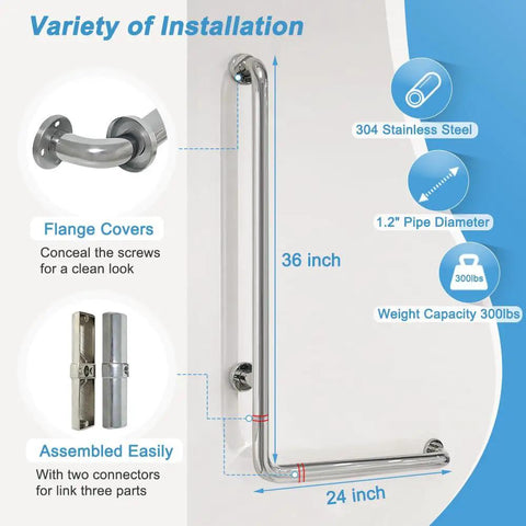 Heavy Duty Stainless Steel Shower Grab Bar For Seniors And Handicap Bathrooms, 24 Inch By 36 Inch L Shaped Wall Mount Hand Rails