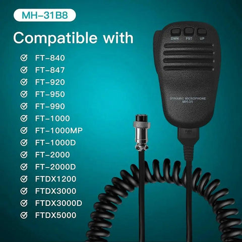 Rugged Handheld Speaker With Mic And Microphone Hanger For FT Series Ham Radios displaying compatible models list