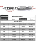 All Purpose Combination Drill And Tap Bit Set Hex Shank HSS Steel detailed specifications with blade and shank lengths.