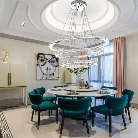 Lit Three Ring LED Crystal Chandelier with Stainless Steel Frame in dining room