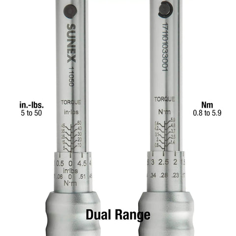 Quarter Inch Drive 60 Tooth Torque Wrench With 10 To 50 Inch Pounds, dual range markings in in-lbs and Nm on heat-treated tube