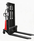 Heavy Duty 3300Lbs Semi Electric Pallet Stacker With 94.8 Inch High Lift Straddle Design, compact design and red accents.