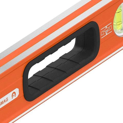 Close-up of handle on Dead Nuts Accurate 24 Inch Box Level With Lockdown Magnetic Base And Three High Vis Orange Vials