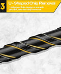 Masonry drill bit, black with gold spiral flutes, side view