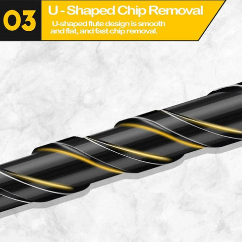 Masonry drill bit, black with gold spiral flutes, side view