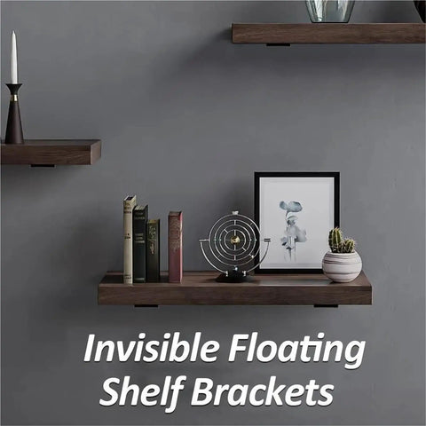 Legit Heavy Duty Floating Shelf Brackets 10 Pack Thick Invisible L Bracket Wall Mounts on flush wooden shelves with decor.