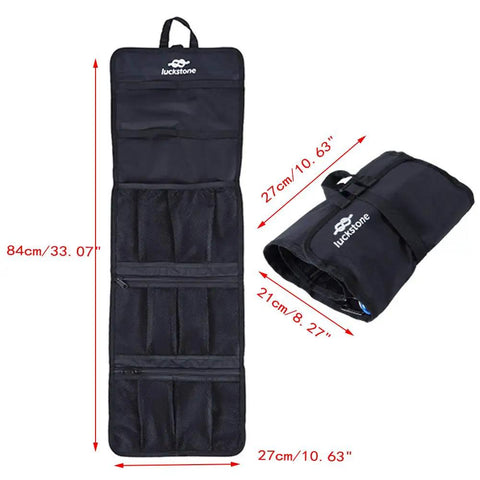 Foldable Waterproof Rock Climbing Gear Bag With Roll Up Design showing dimensions and compartments, made of 420D Oxford cloth.