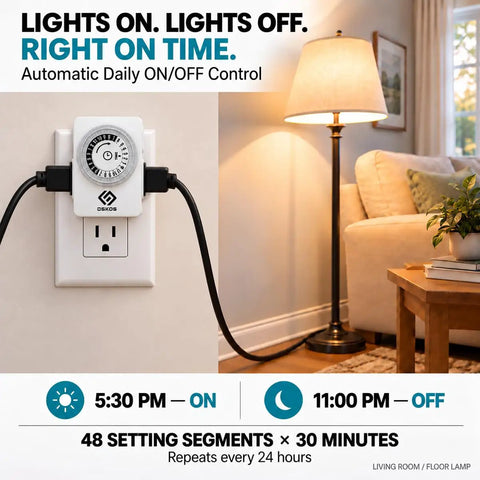Total Snap 24 Hour Mechanical Outlet Timer With 30 Minute Setting Pins And Dual Grounded Outlets For Dead Simple Daily On Off Scheduling Christmas Trees And Small Appliances Killer Price Two Pack Bundle plugged into wall with lamp.